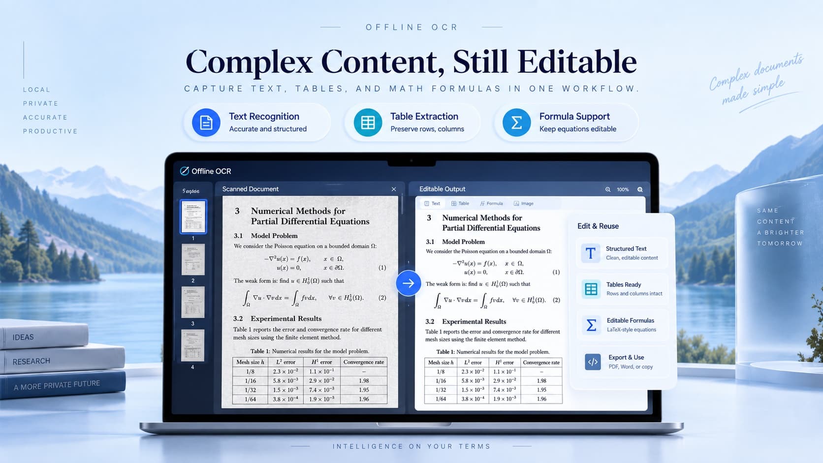 Scanned text, tables and formulas beside editable output