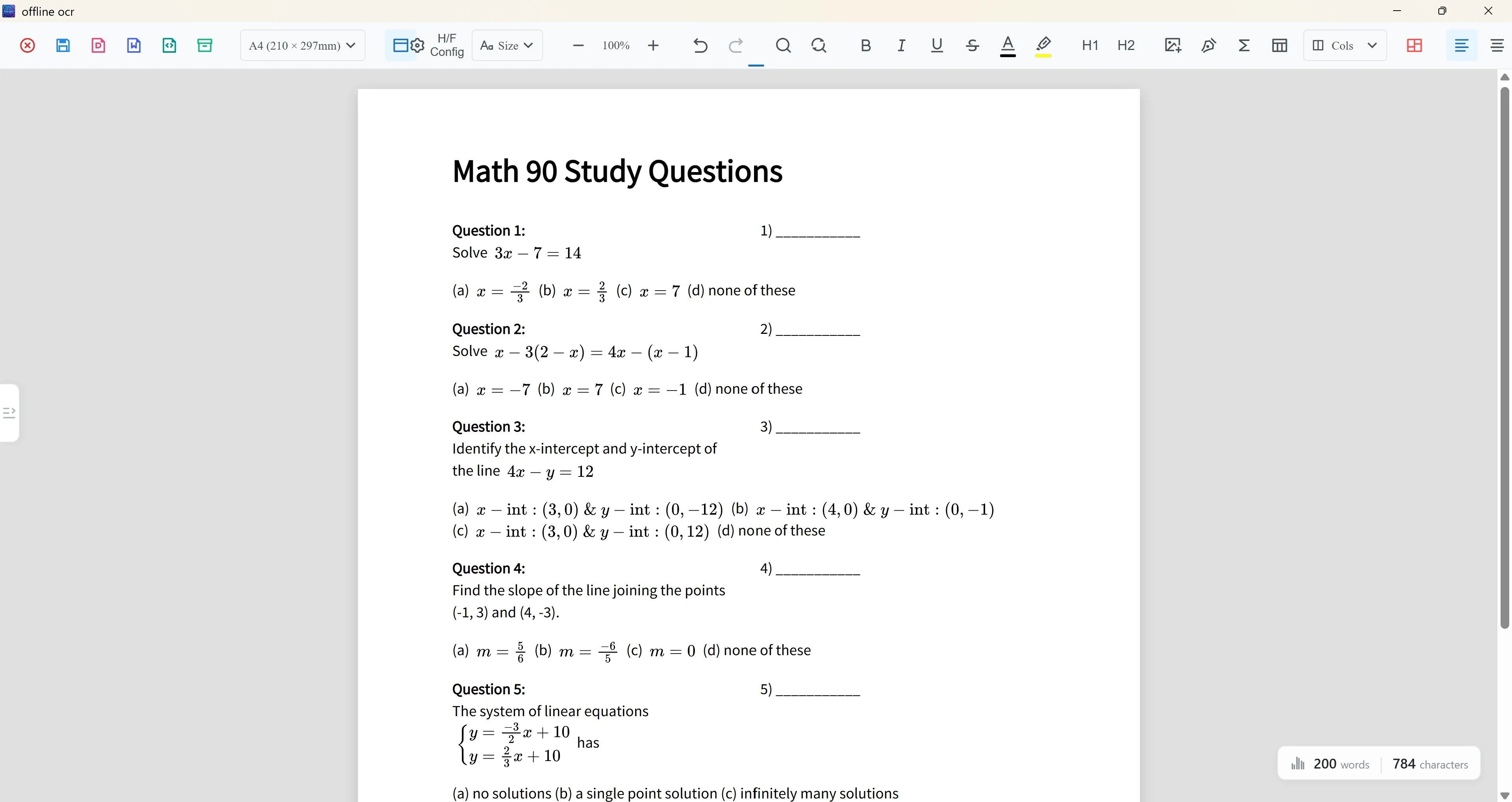 Math worksheet OCR editor reviewing formulas, problem text, and answer areas
