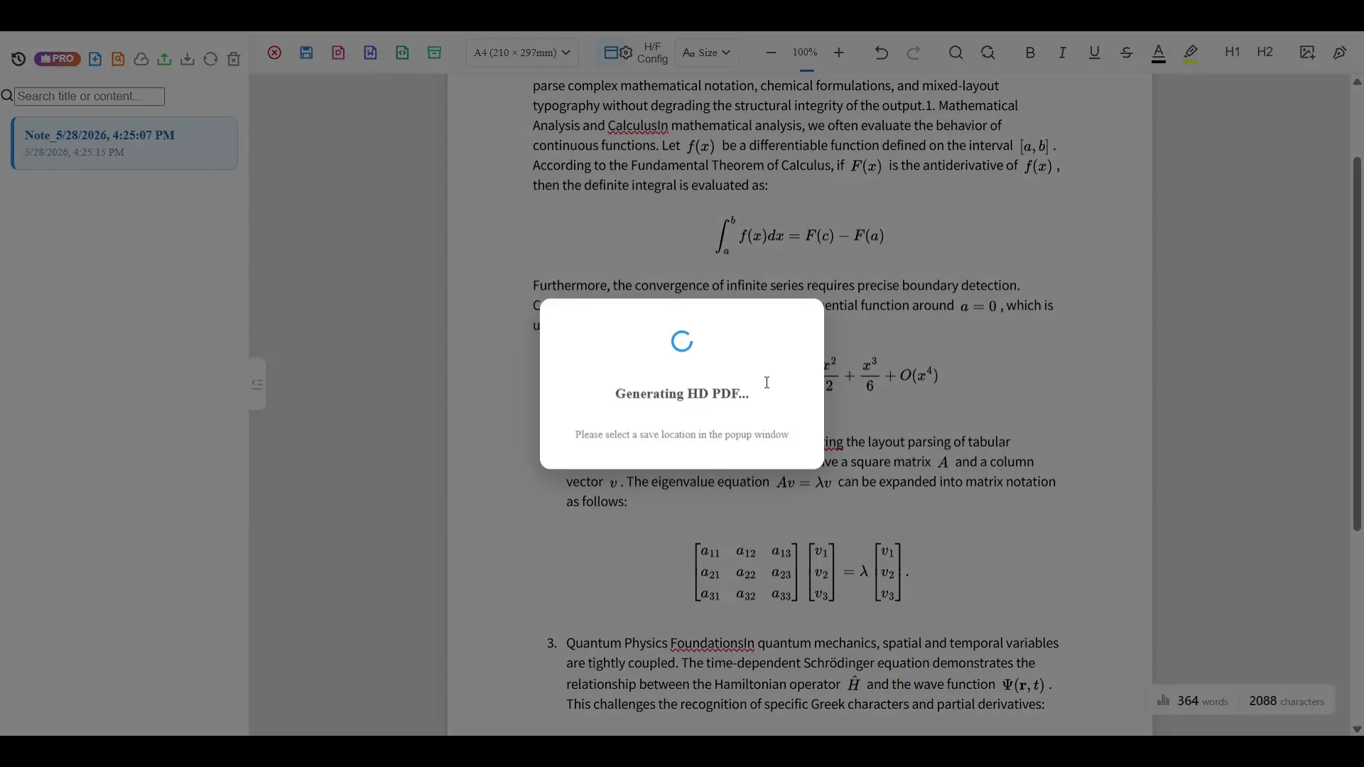 Scanned math notes exported to Word, PDF, LaTeX, and text
